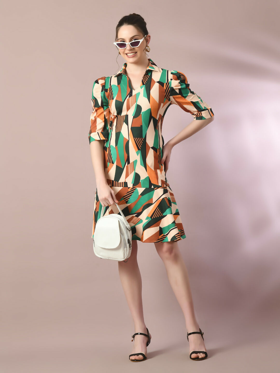 Myshka Women's Multi Printed Shirt Collar Fit and Flare Party Dress - Distacart