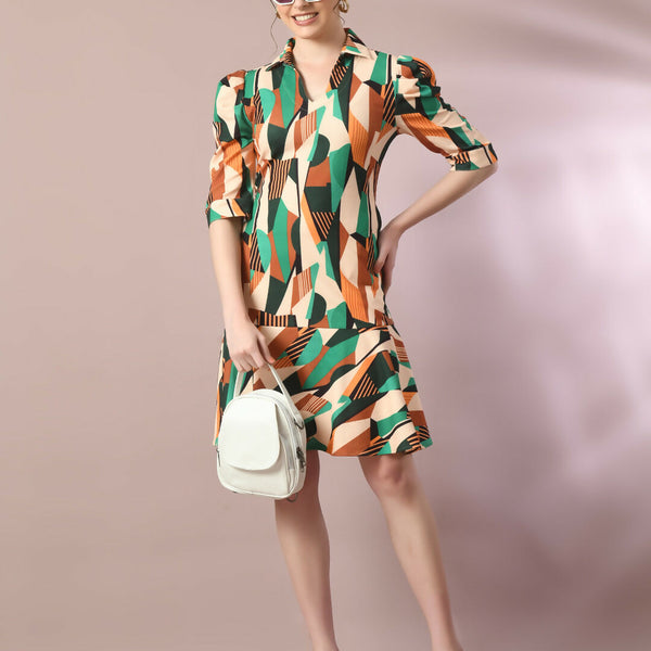 Myshka Women's Multi Printed Shirt Collar Fit and Flare Party Dress - Distacart