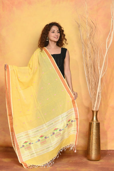 Very Much Indian Handloom Pure Cotton Paithani Dupatta - Yellow - Distacart