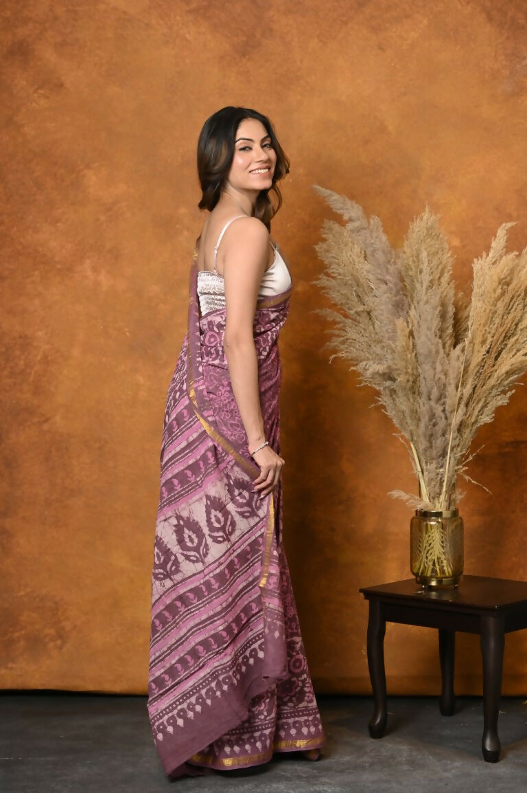 Very Much Indian Handblock Printed Cotton Saree With Natural Dyes - Pink - Distacart