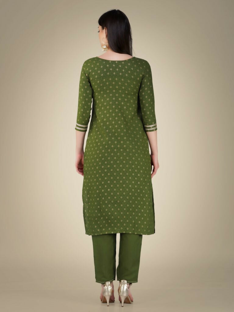Jyoti Fashion Women's Mehendi Cotton Magic Slub Embroidery & Sequence work Kurta with Trouser & Dupatta - Distacart
