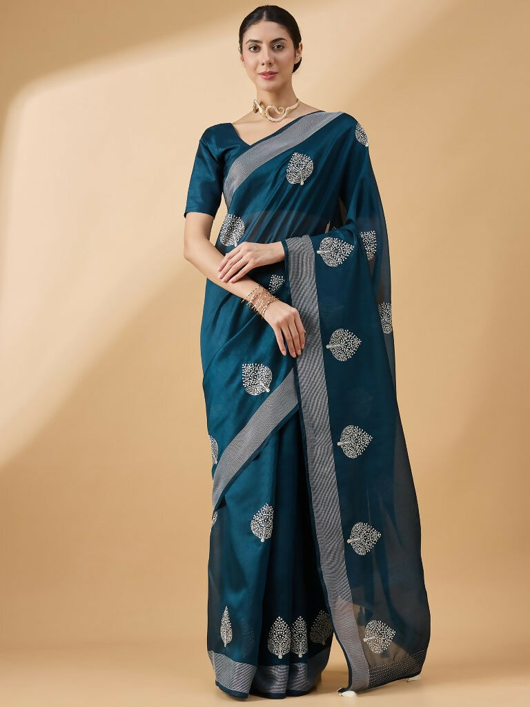 Teal Cotton Blend Thread Embroidered Saree with Unstitched Blouse - Satya - Distacart
