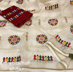 Thumbnail for Cream Cotton Blend Warli Saree with Unstitched Blouse - A2M