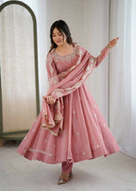 Thumbnail for Teeya Creation Peach Color Crunchy Silk Embroidery Work Wedding Wear Gown - Distacart