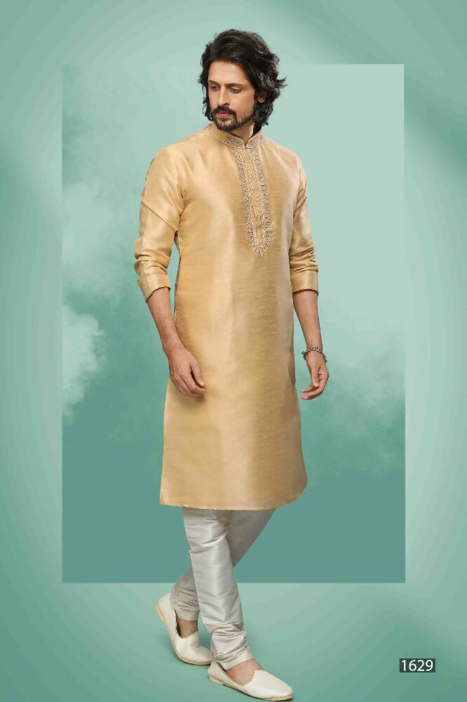 Raivat Ethnic Art Silk Mirror Embroidery Work Kurta Pajama In Beige Colour - Dista