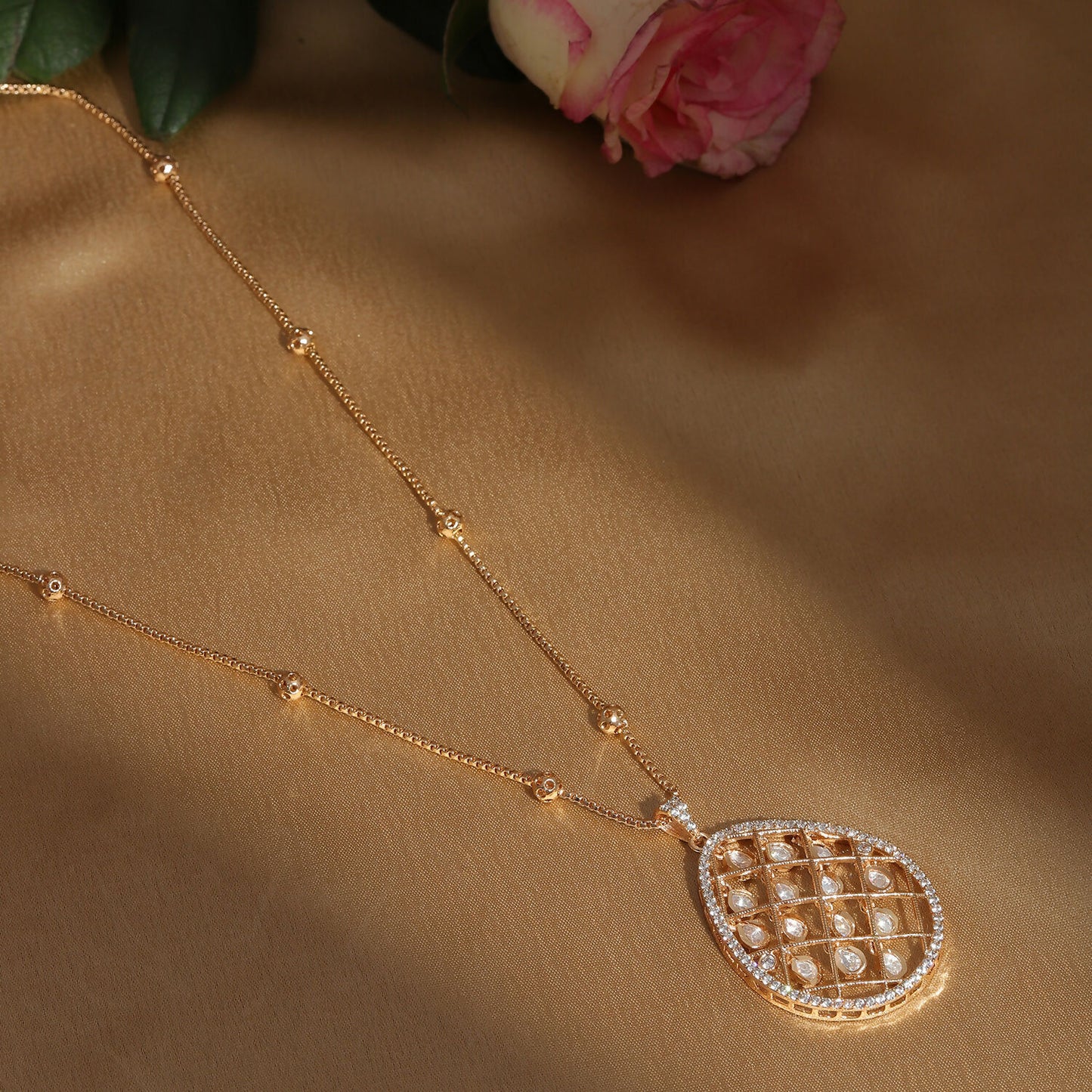 Long Gold Chain with Kundan Jhallar Pendant (Gold) - Ruby Raang - Distacart