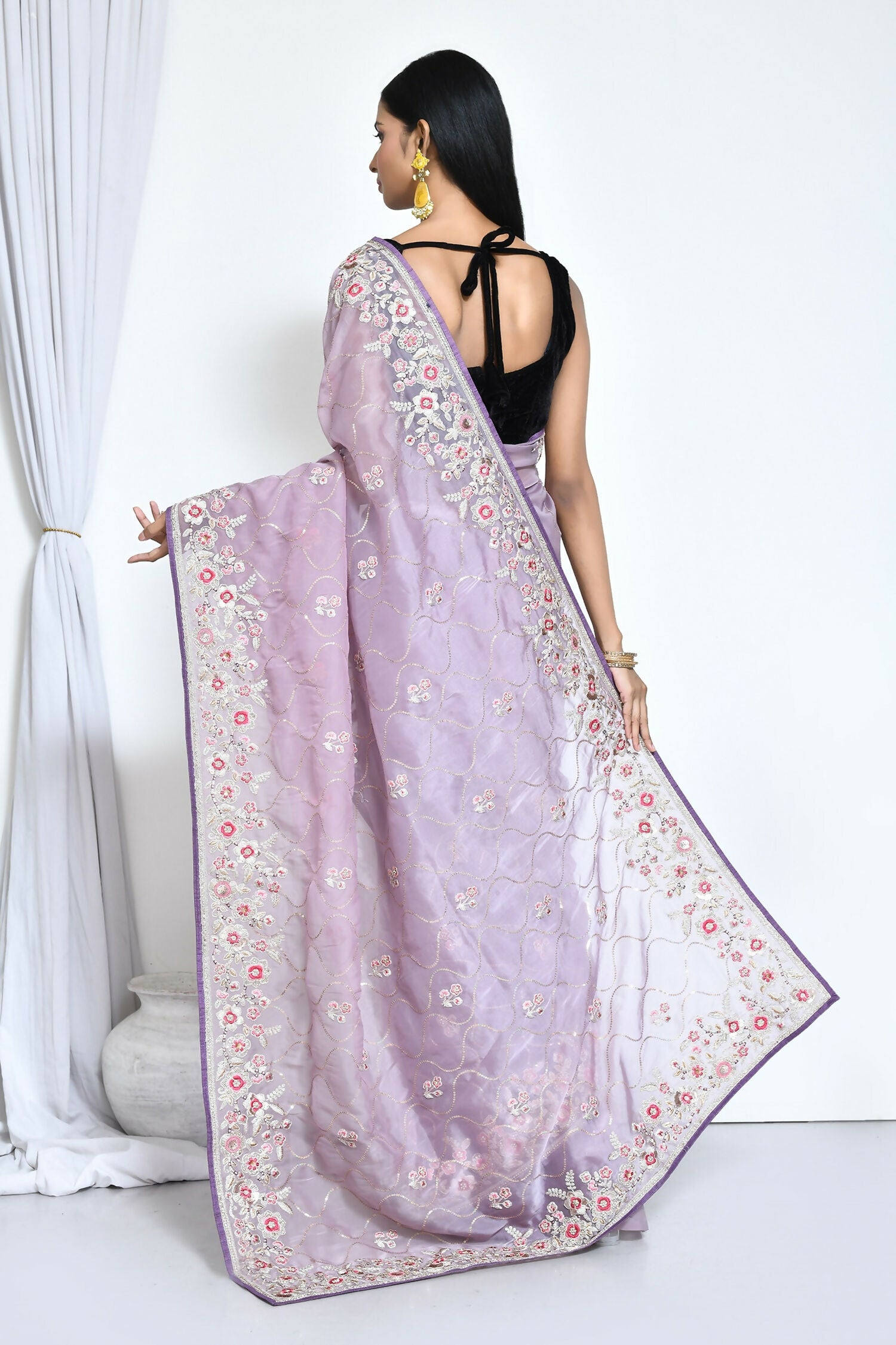 Purple Organza Satin Silk Sequence Embroidered with Stone work Saree - Nimaya Benzy - Distacart