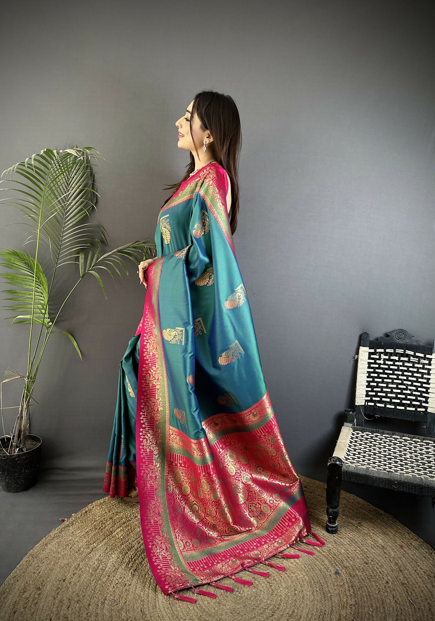 Joban Fashion Teal Banarasi Soft Silk Peacock Butta Work Saree