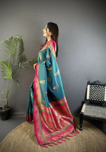 Thumbnail for Joban Fashion Teal Banarasi Soft Silk Peacock Butta Work Saree