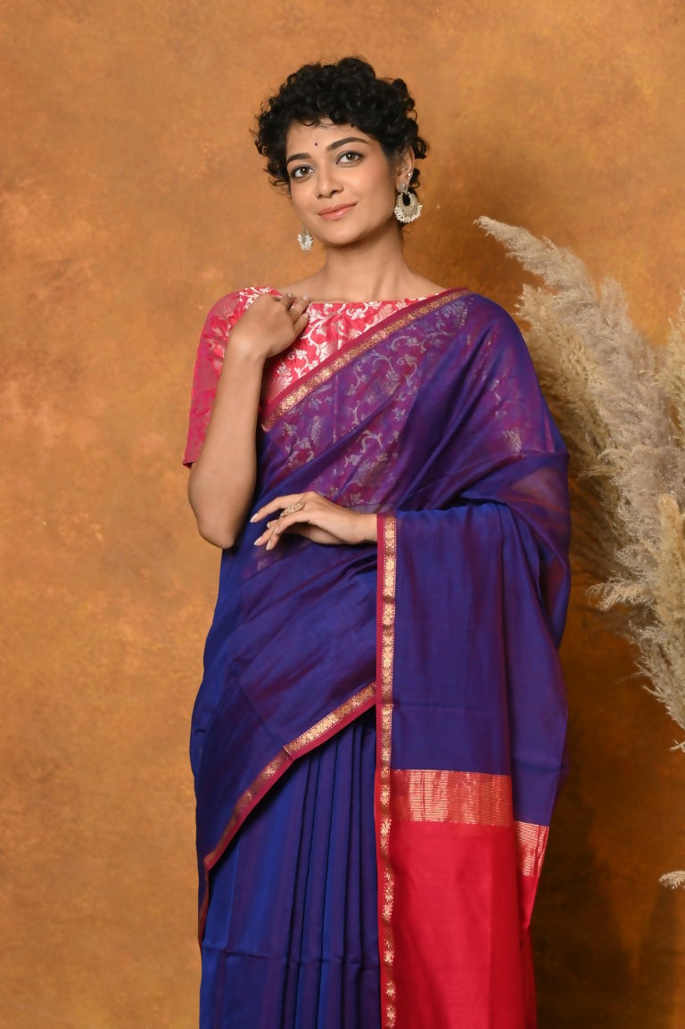 Very Much Indian Handloom Pure Cotton Silk Saree With Sleek Golden Border - Indigo Blue - Distacart
