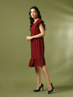 Thumbnail for Myshka Women's Maroon Embroidered Cotton Round Neck A-Line Party Dress - Distacart