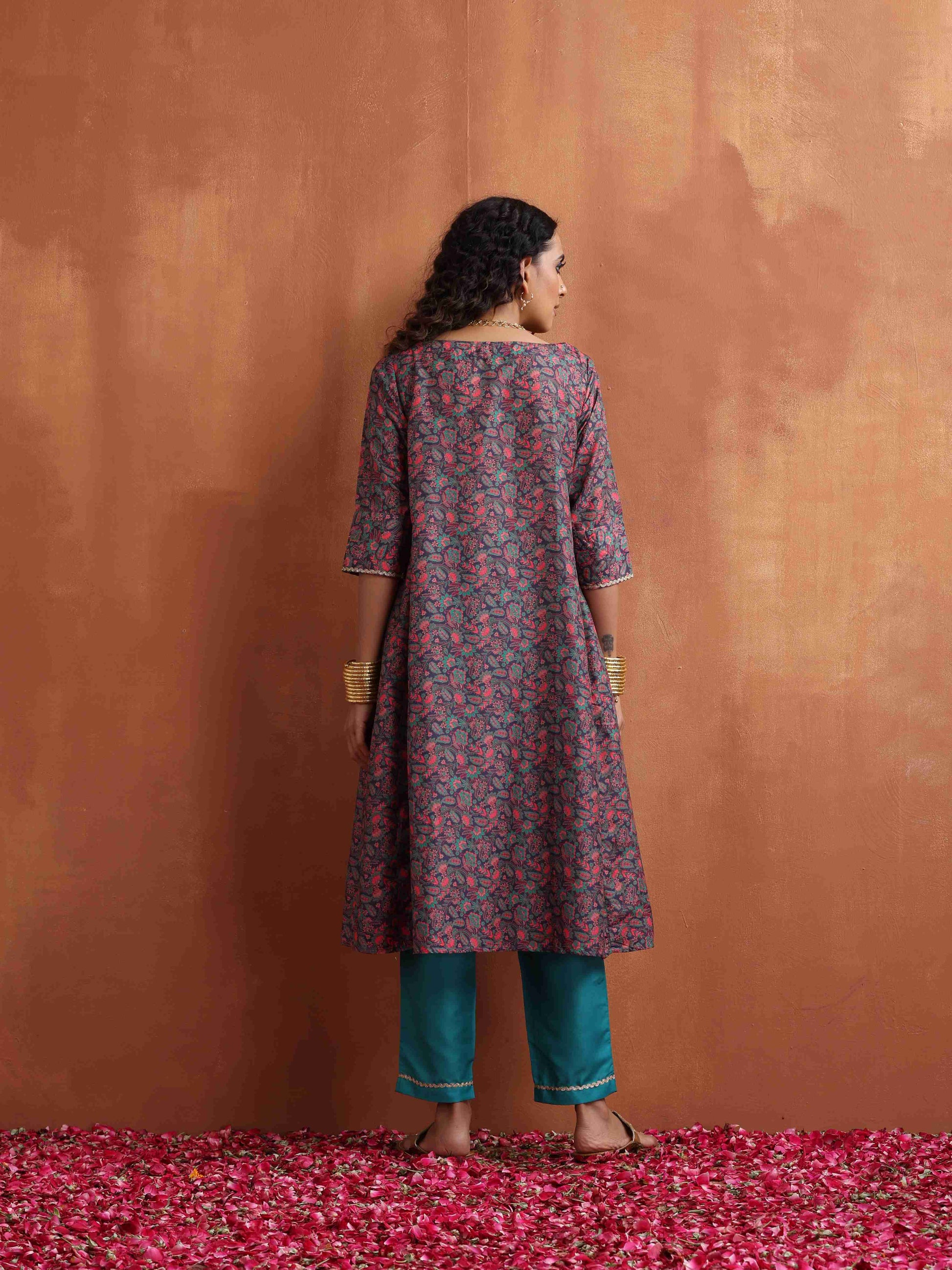 trueBrowns Purple Print A-line Kurta Set - Distacart