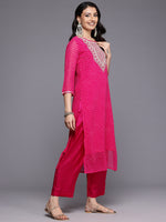 Thumbnail for Varanga Women Pink Bandhani Zari And Sequins Embroidered Kurta Set With Dupatta