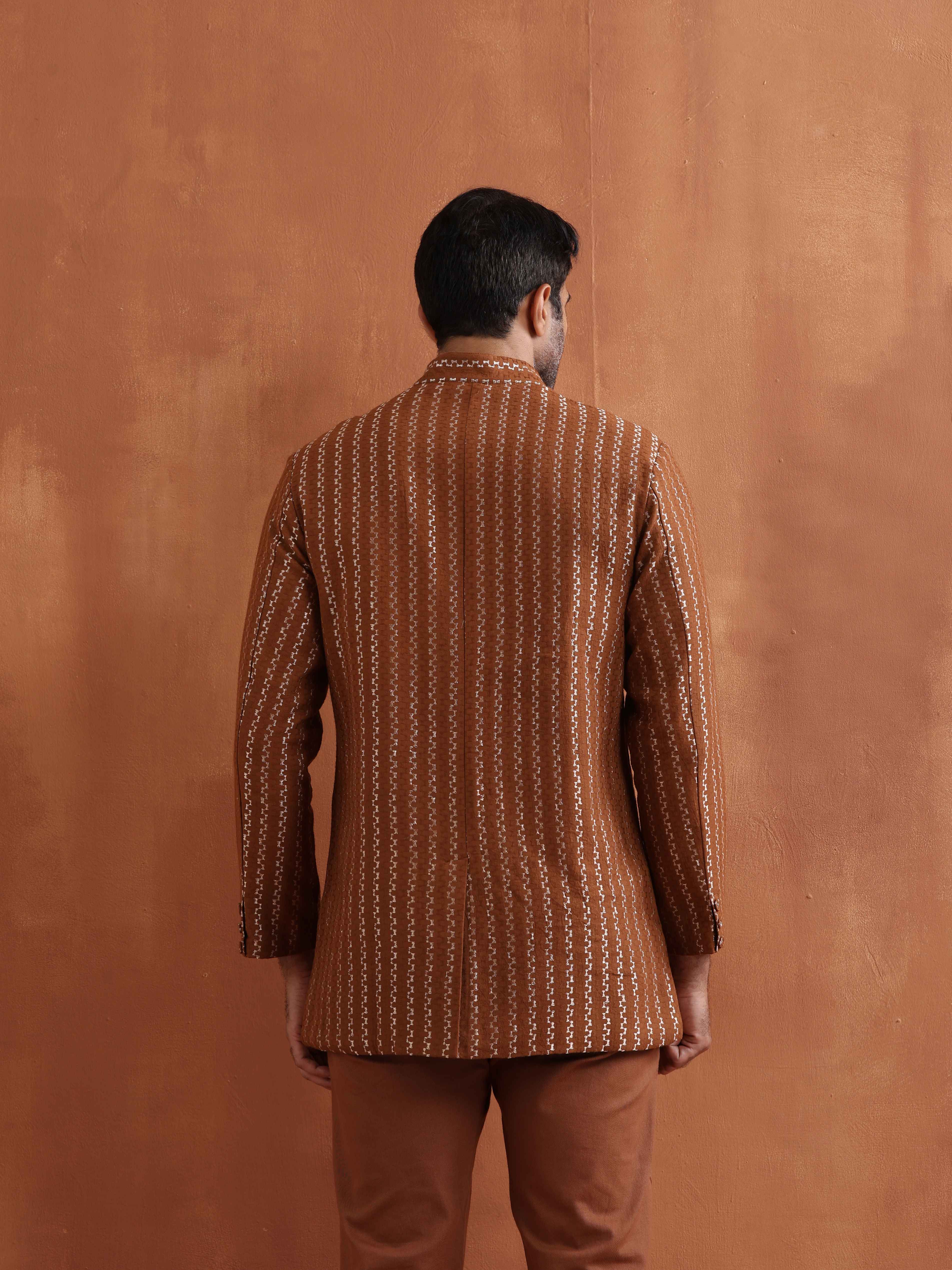 trueBrowns Men's Brown Cotton Dobby Long Jacket
