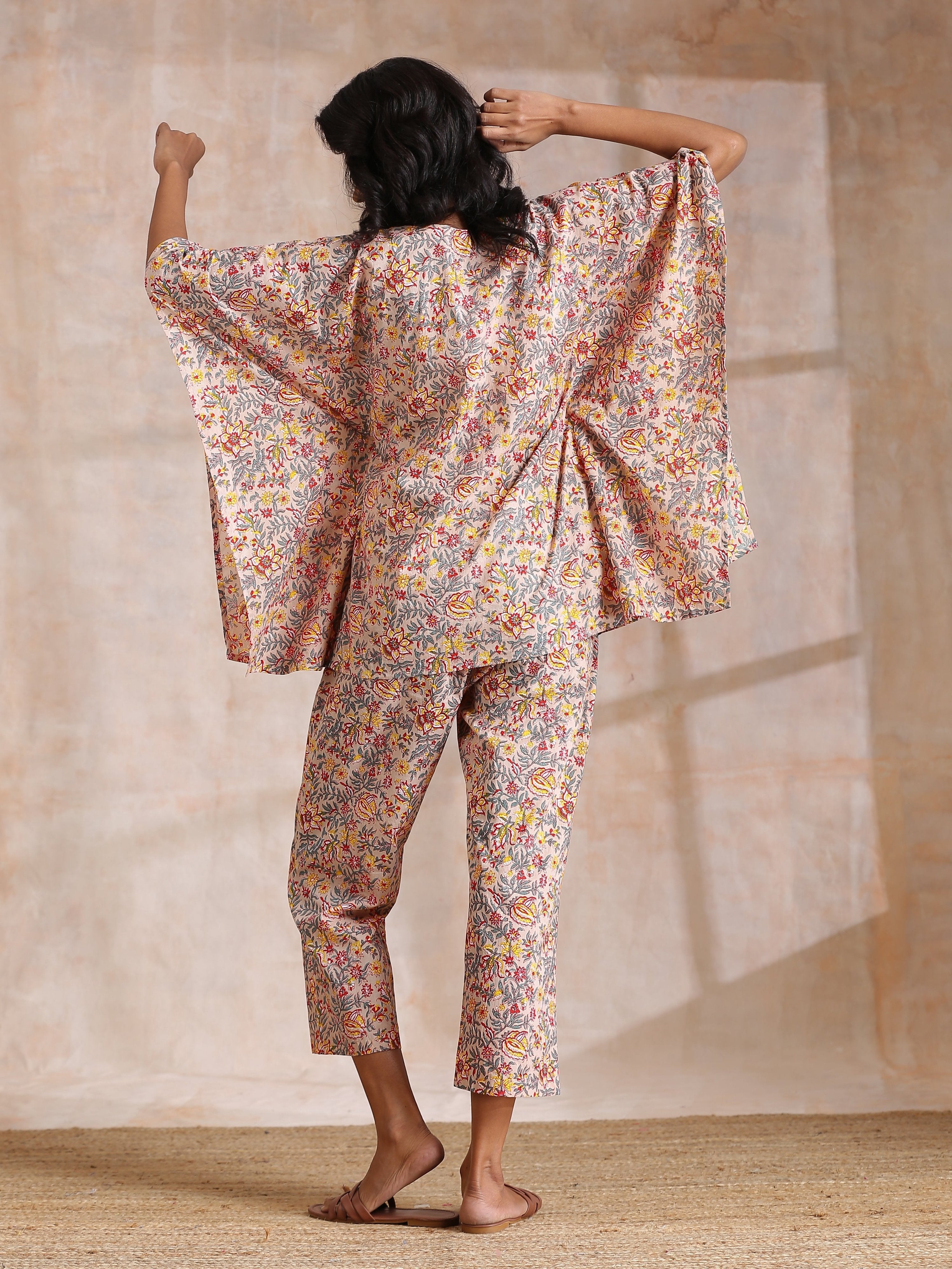 trueBrowns Multicolor Beige Overall Floral Block Print Cotton Kaftan Co-Ord Set - Distacart