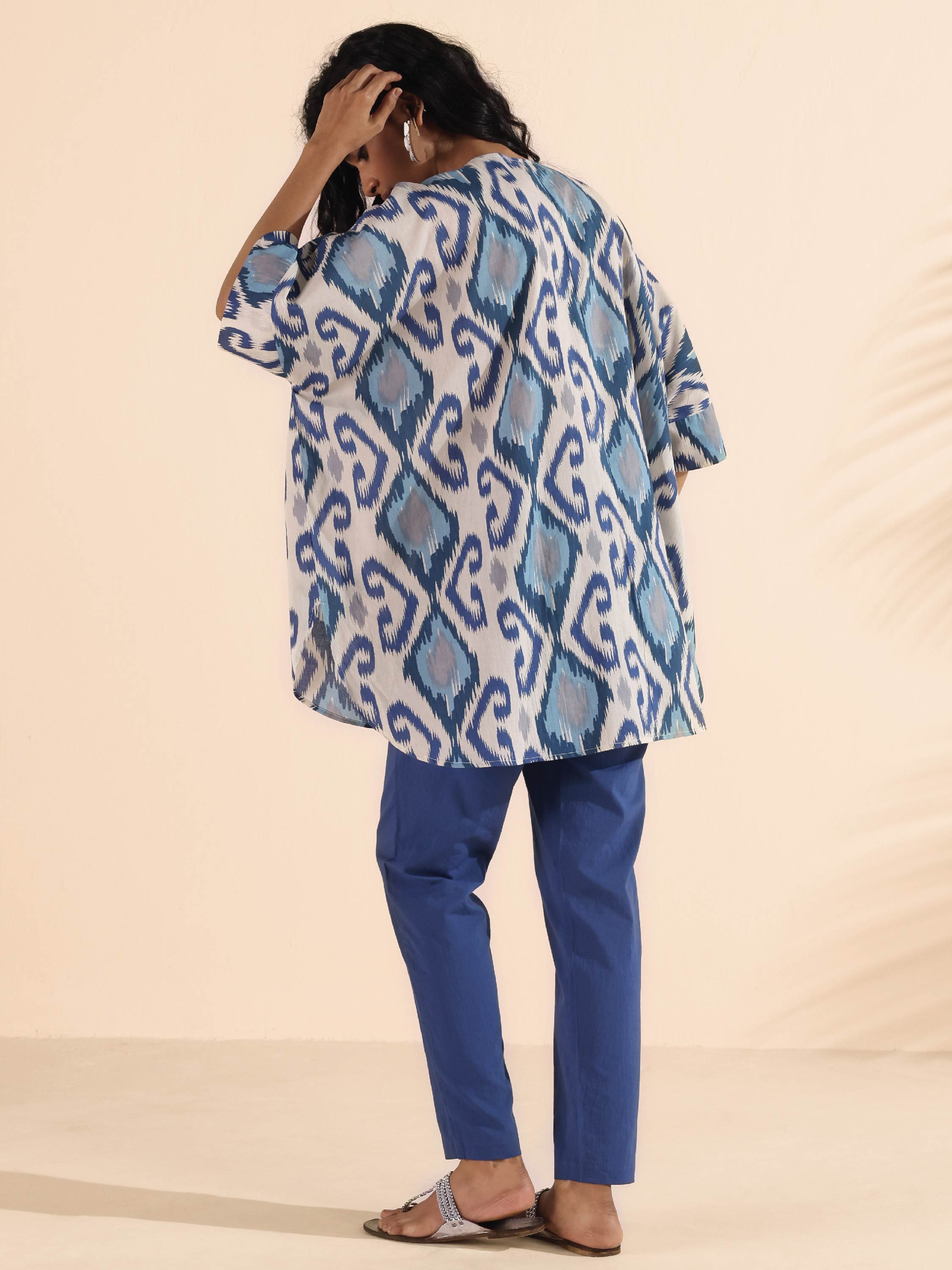 trueBrowns Blue Cotton Ikat Kaftan Co-ord Set - Distacart