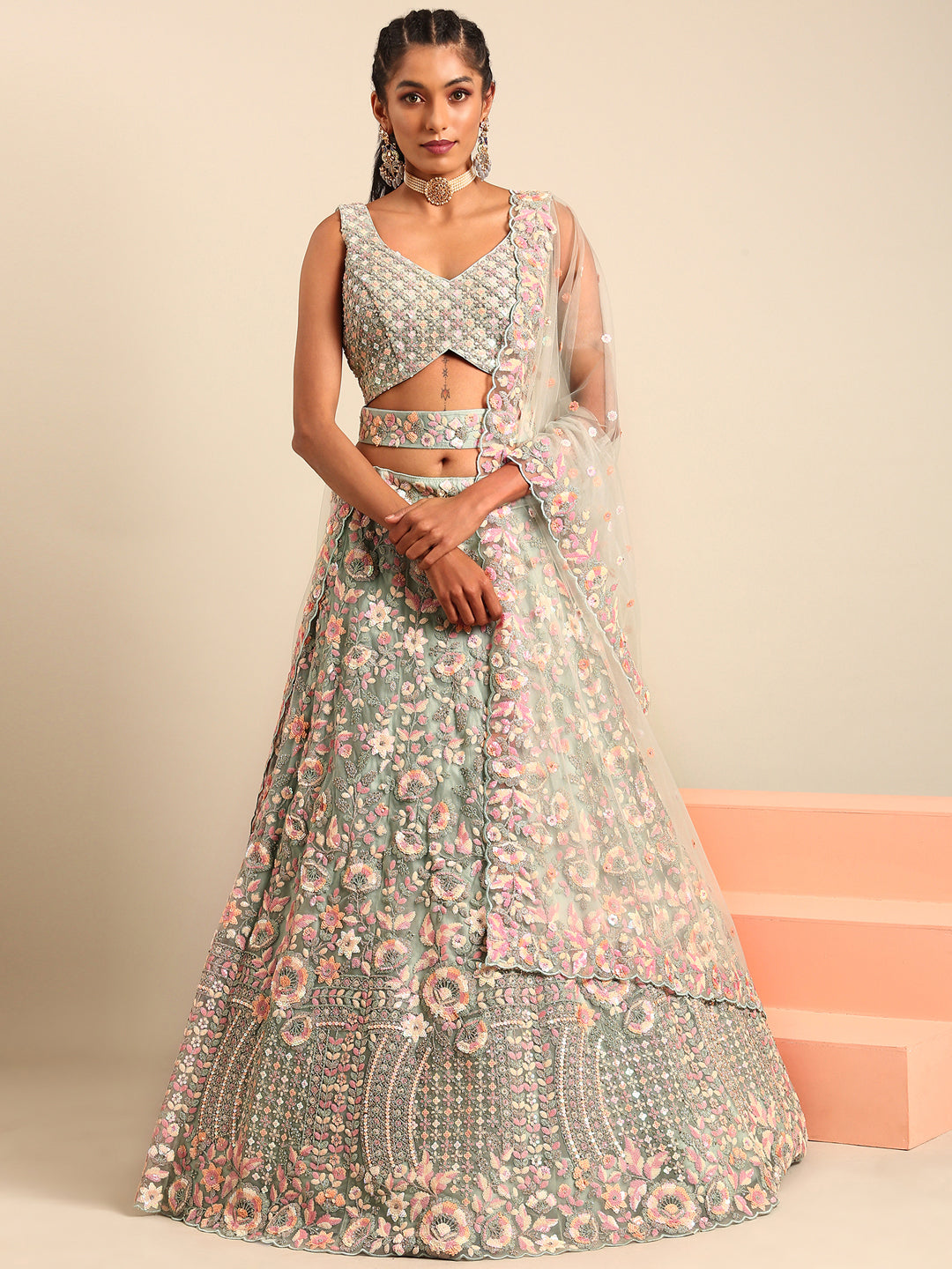 House of Panchhi Sea green Net Multi Sequins with heavy Zarkan embroidery Lehenga choli & Dupatta - Distacart