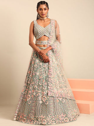 House of Panchhi Sea green Net Multi Sequins with heavy Zarkan embroidery Lehenga choli & Dupatta - Distacart