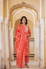 Thumbnail for Varanga Women Red Printed Round Neck Straight Kurta With Bottom And Dupatta - Distacart