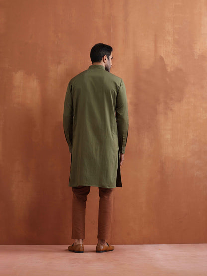 trueBrowns Men's Olive Green Cotton Front Open Kurta - Distacart