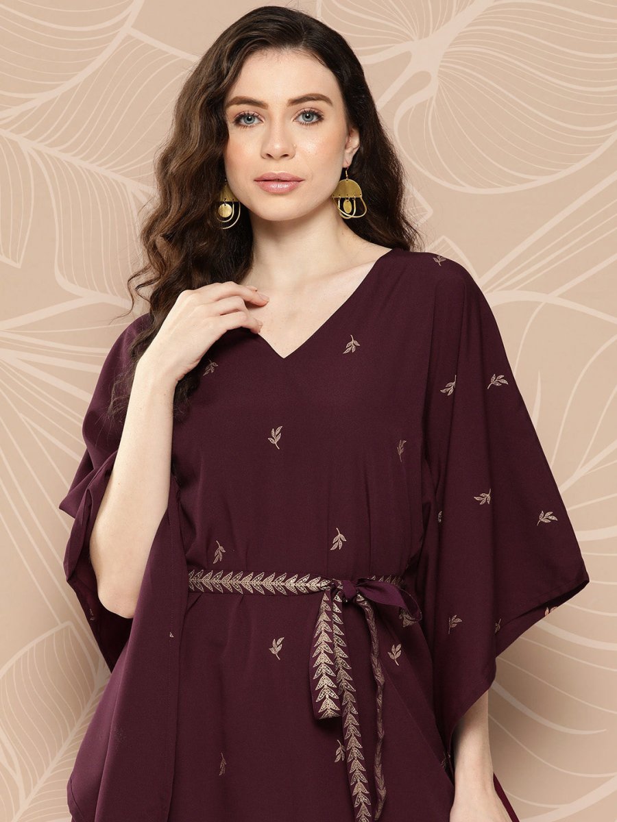 Ahalyaa Women Floral Printed Flared Sleeves Belted Detail Crepe Kaftan Kurta - Distacart