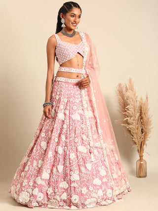 House of Panchhi Rose Gold Chinon Sequins And Zarkan Embroidery Lehenga Choli & Dupatta - Distacart