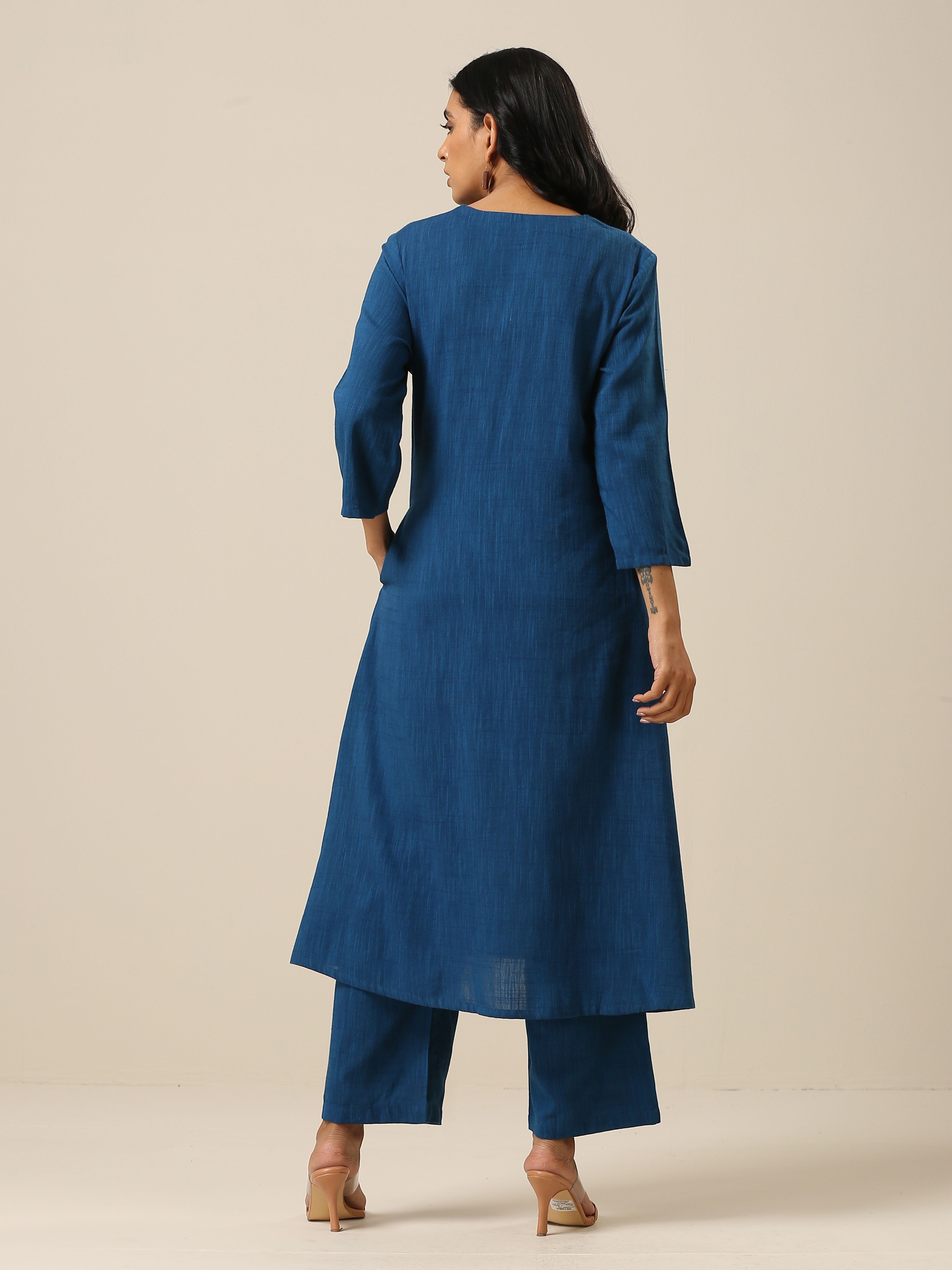 trueBrowns Classic Blue Slub Texture Overlap Pleat Kurta Pant Set - Distacart