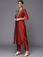 Thumbnail for Varanga Red Embroidered Kurta With Tonal Trouser And Printed Dupattta - Distacart