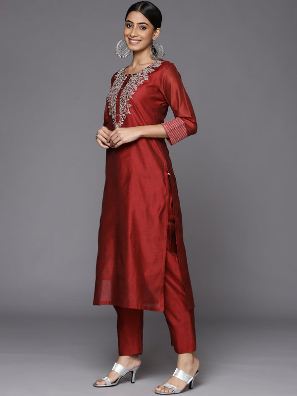 Varanga Red Embroidered Kurta With Tonal Trouser And Printed Dupattta - Distacart