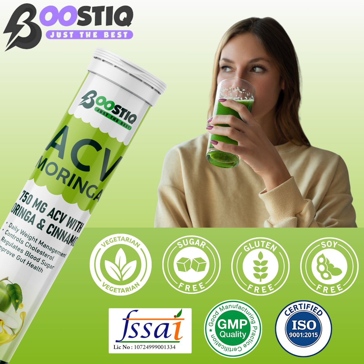 BOOSTIQ Apple Cider Vinegar With Moringa Effervescent Tablets - Green Apple Flavour - Distacart