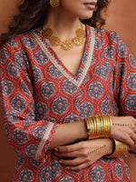 Thumbnail for trueBrowns Rust Ajrak Print Slit Kurta Set - Distacart