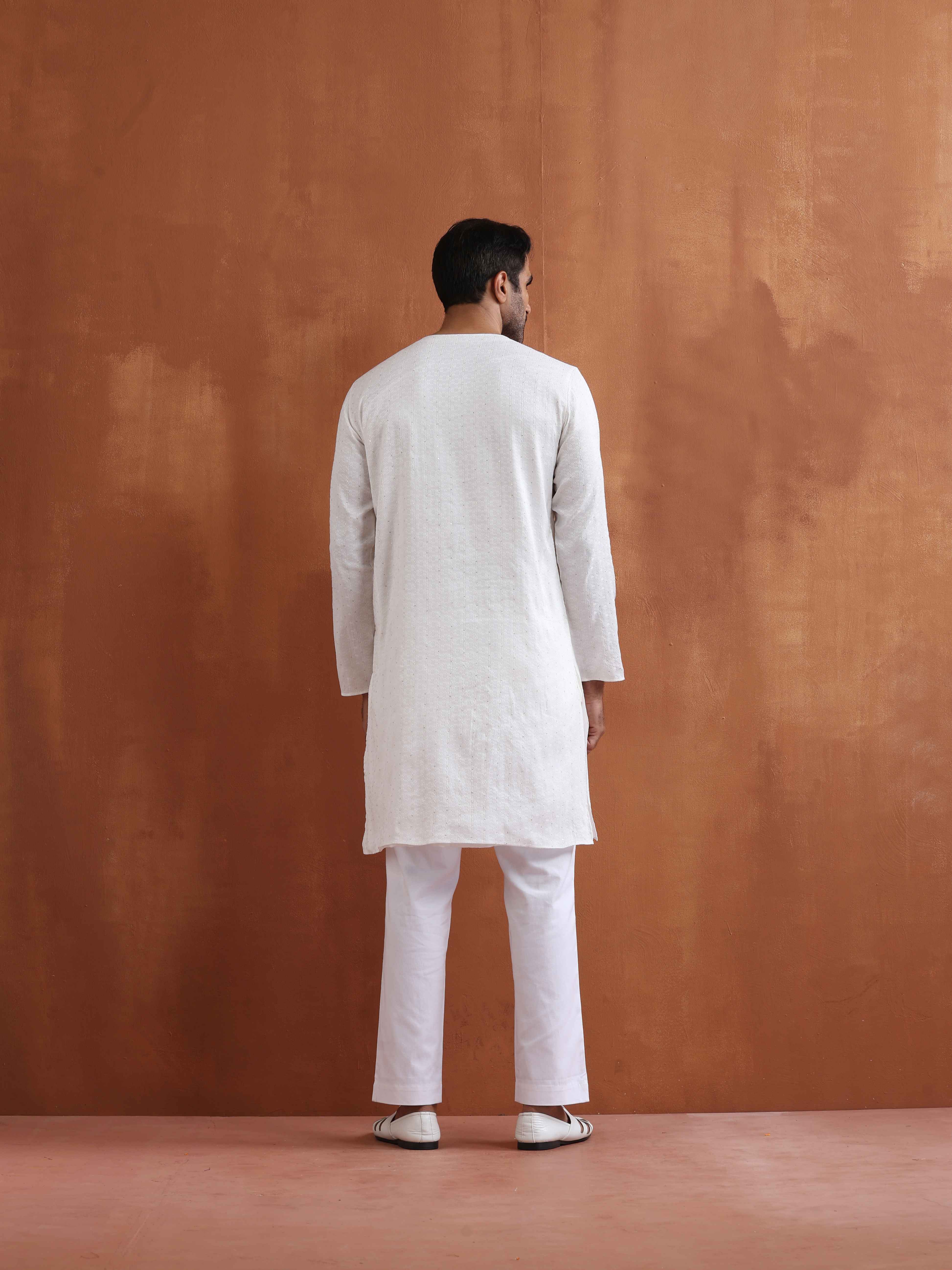 trueBrowns Men's Ivory Sequin Chanderi Kurta