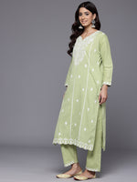 Thumbnail for Varanga Women Sea Green Round Neck Heavy Thread Embroidered Kurta With Bottom & Dupatta - Distacart