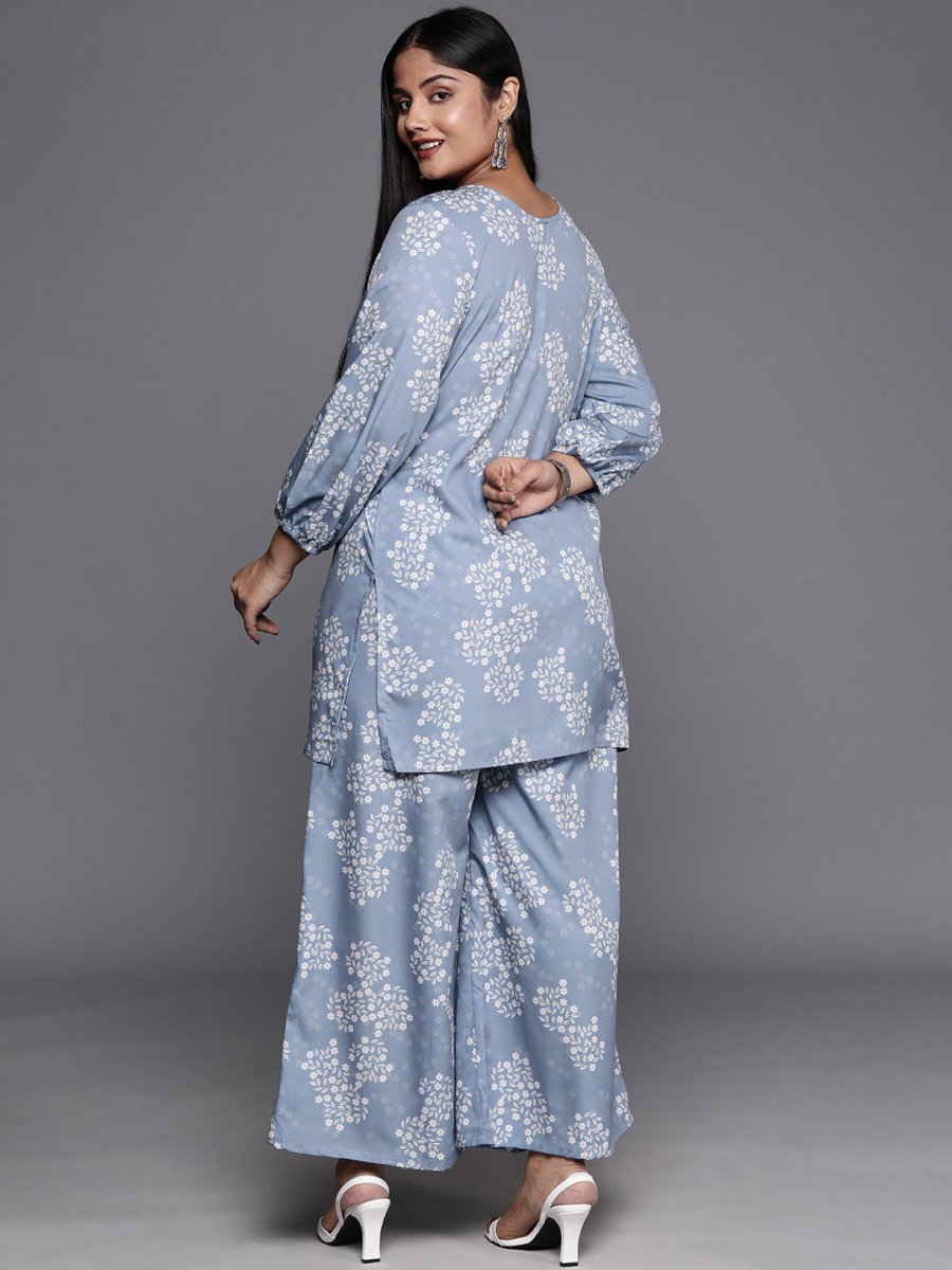 Ahalyaa Plus Size Floral Print Zari Ethnic Tunic with Palazzos - Distacart