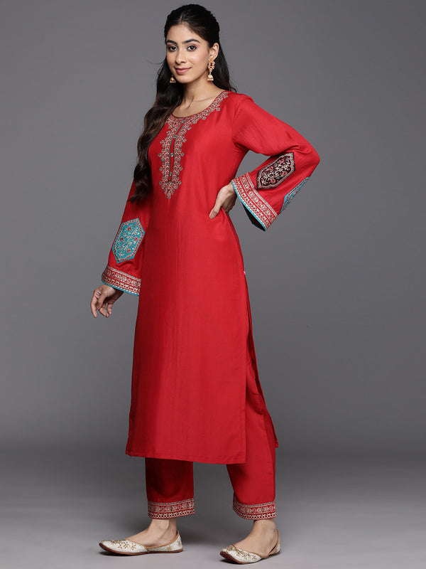 Varanga Women Red Embroidered Straight Kurta Paired With Tonal Bottom And Contrast Dupatta With Four Sided Fringes - Distacart
