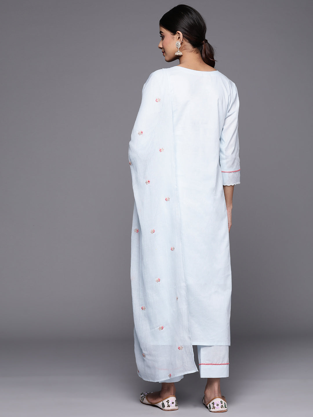Varanga Women Blue Sequin And Thread Embroidered A-Line Kurta Paired With Tonal Bottom And Tonal Embroidered Dupatta - Distacart