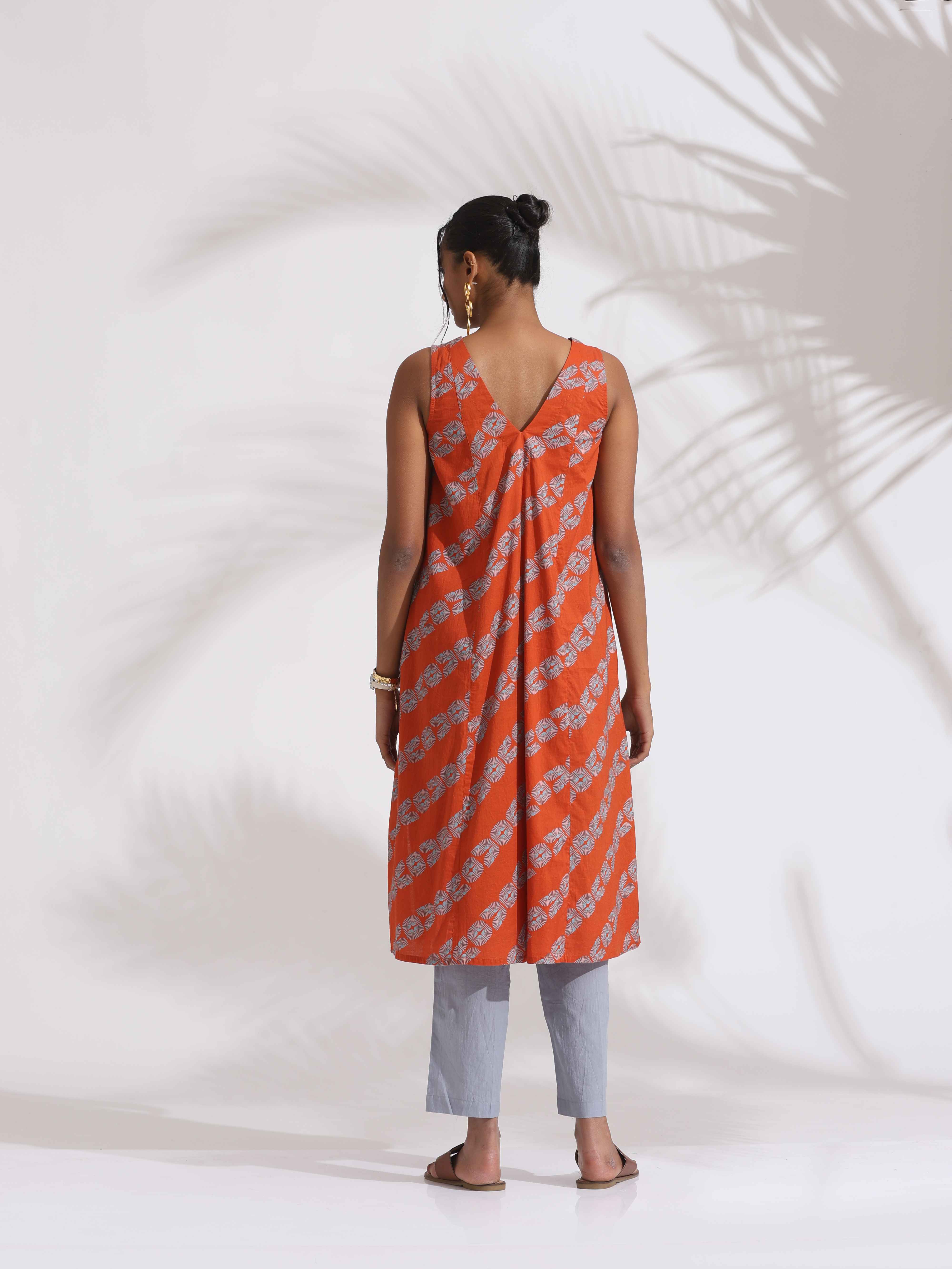 trueBrowns Orange Cotton Print Sleeveless Kurta Set