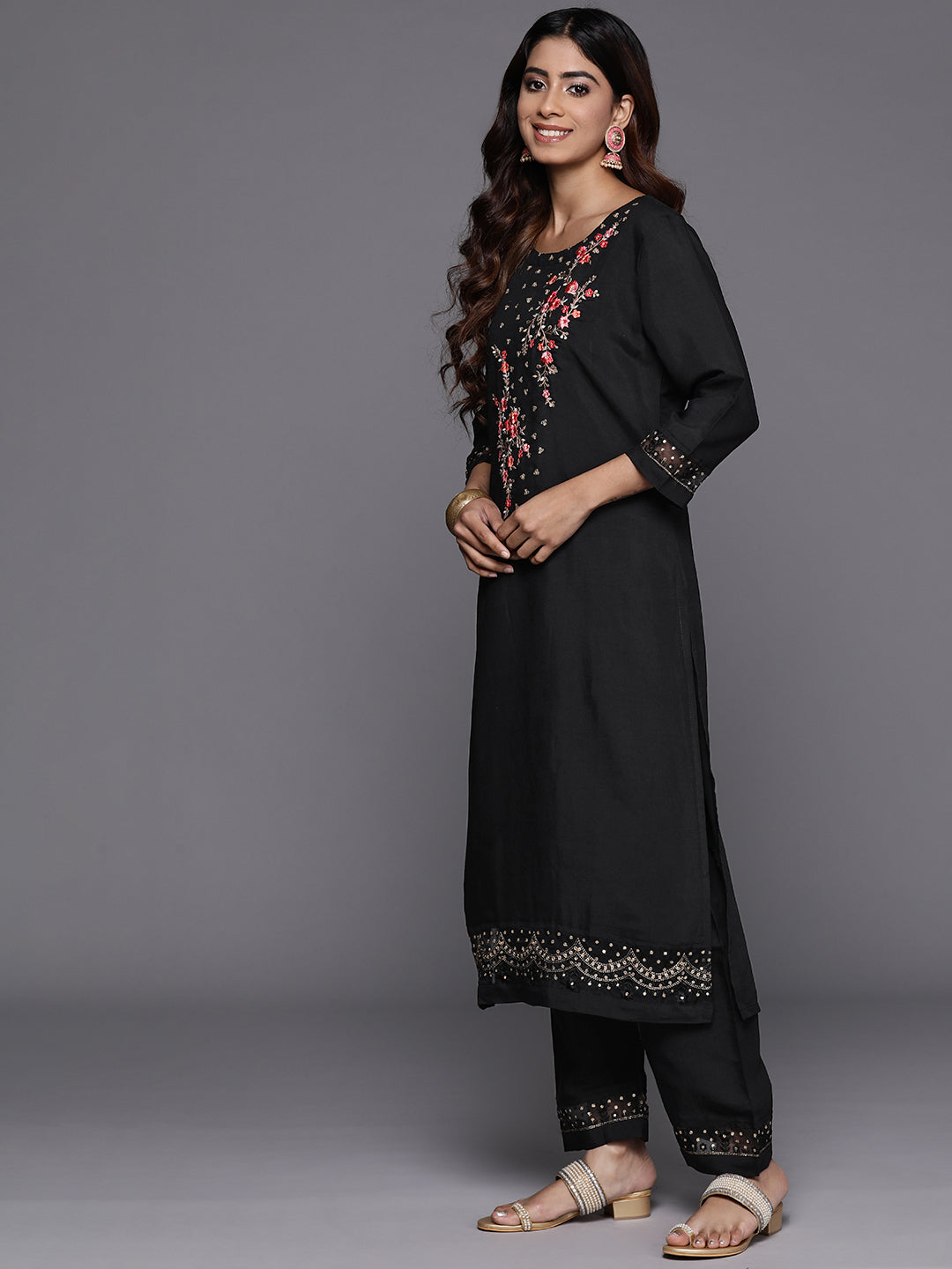 Varanga Women Black Thread And Sequins Embroidered Kurta With Bottom And Dupatta - Distacart