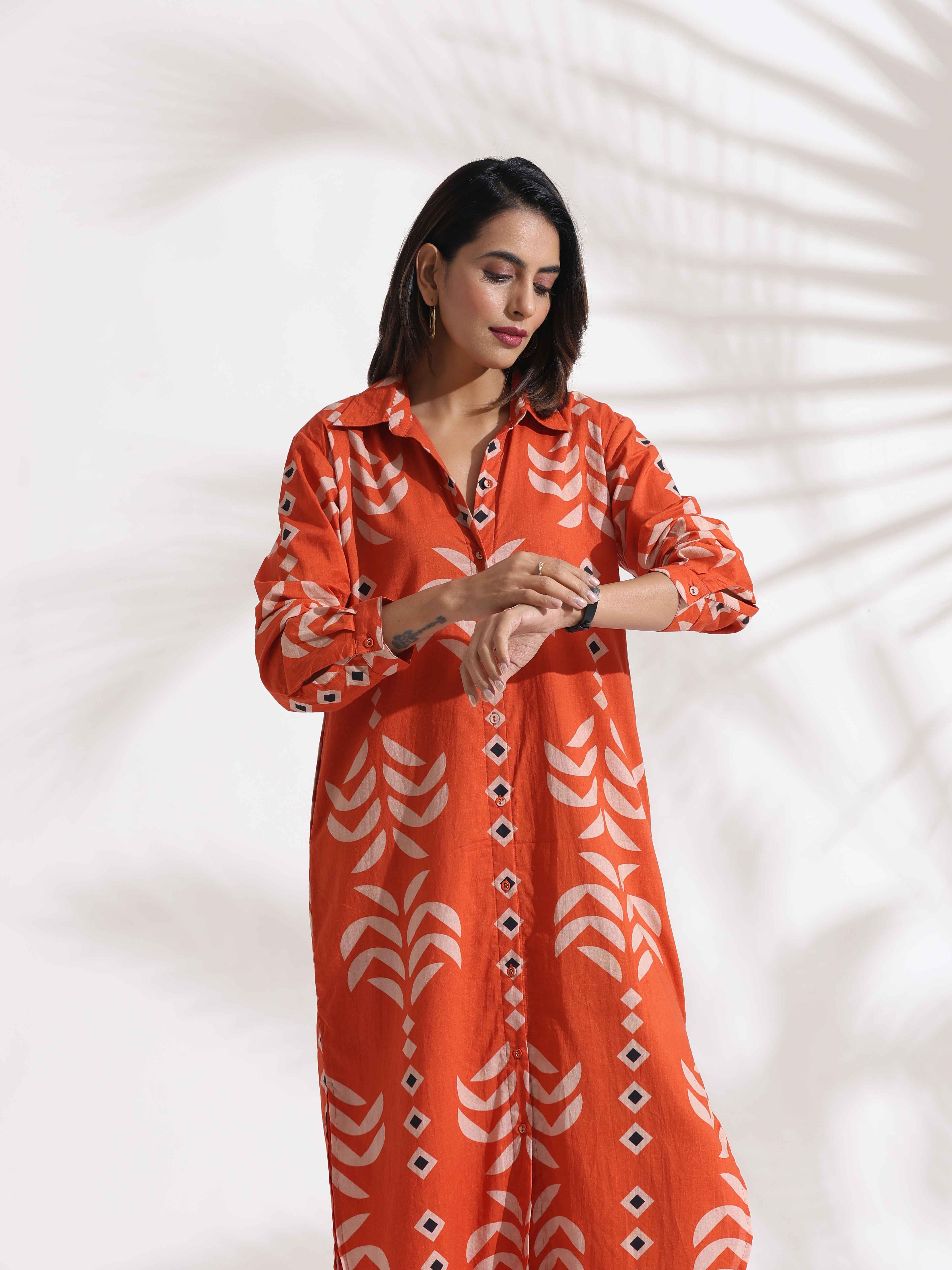 trueBrowns Orange Cotton Print Shirt Dress
