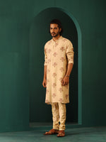 Thumbnail for trueBrowns Men's Beige Floral Bunch Muslin Silk Printed Long Kurta - Distacart