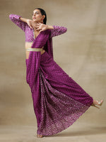 Thumbnail for trueBrowns Purple Bandhani Printed Silk Ready to Wear Saree with Belt - Distacart