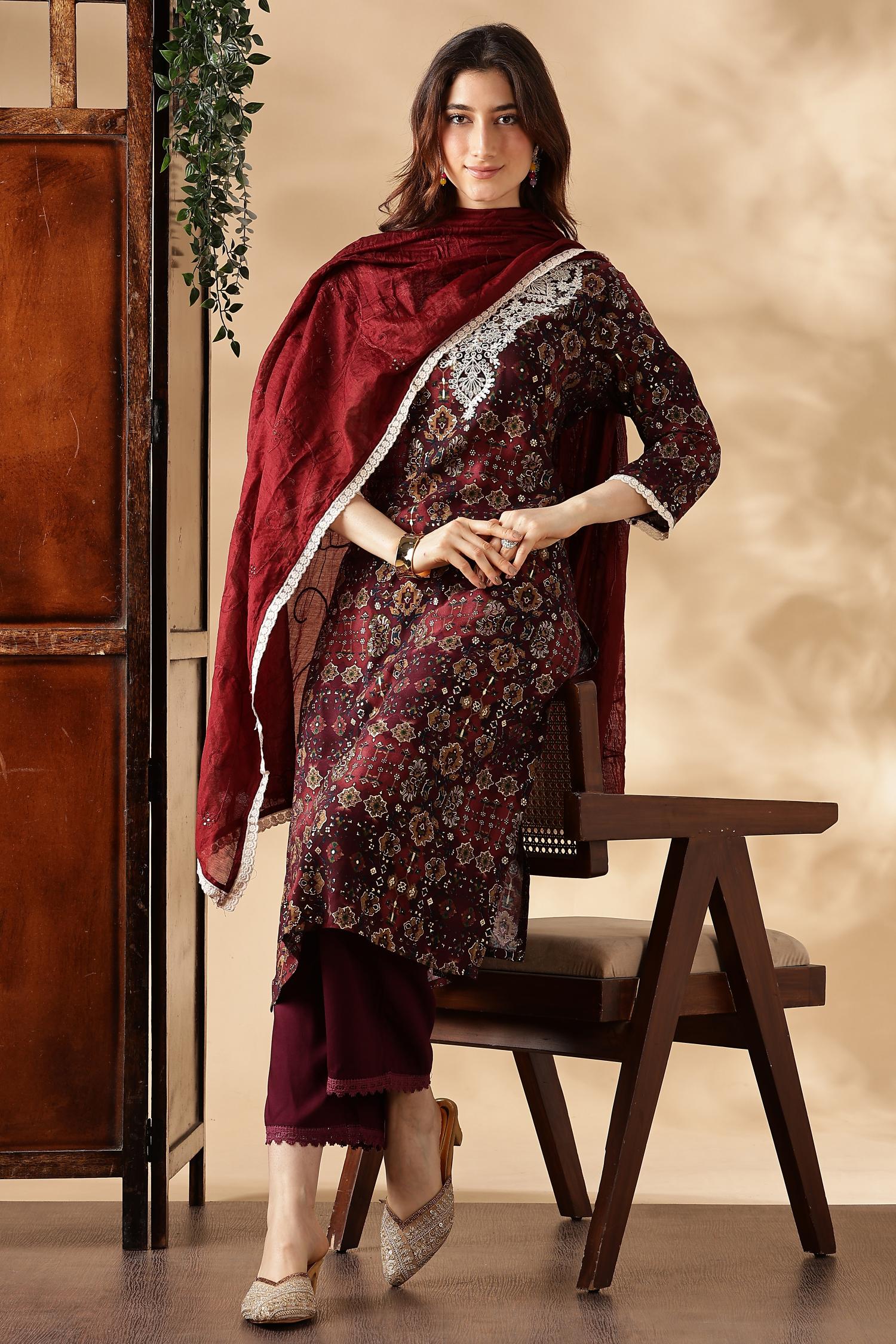 BulBul Anjali Wine Rayon Kurta Set with Dupatta