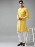 Thumbnail for Fabmade Men Yellow Cotton Linen Kurta