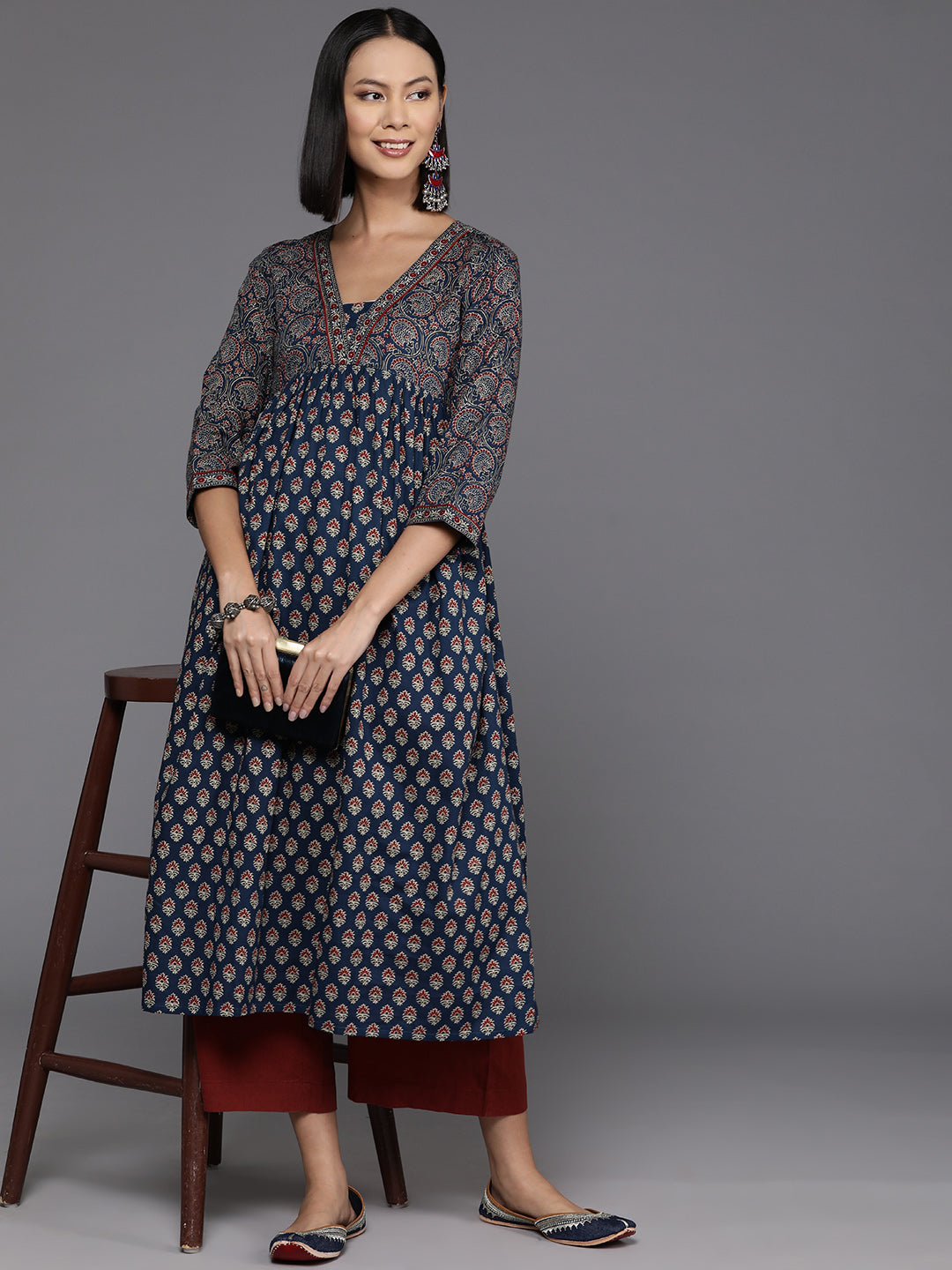 Varanga Women Blue And Maroon Bandez Printed Anarkali Kurta - Distacart
