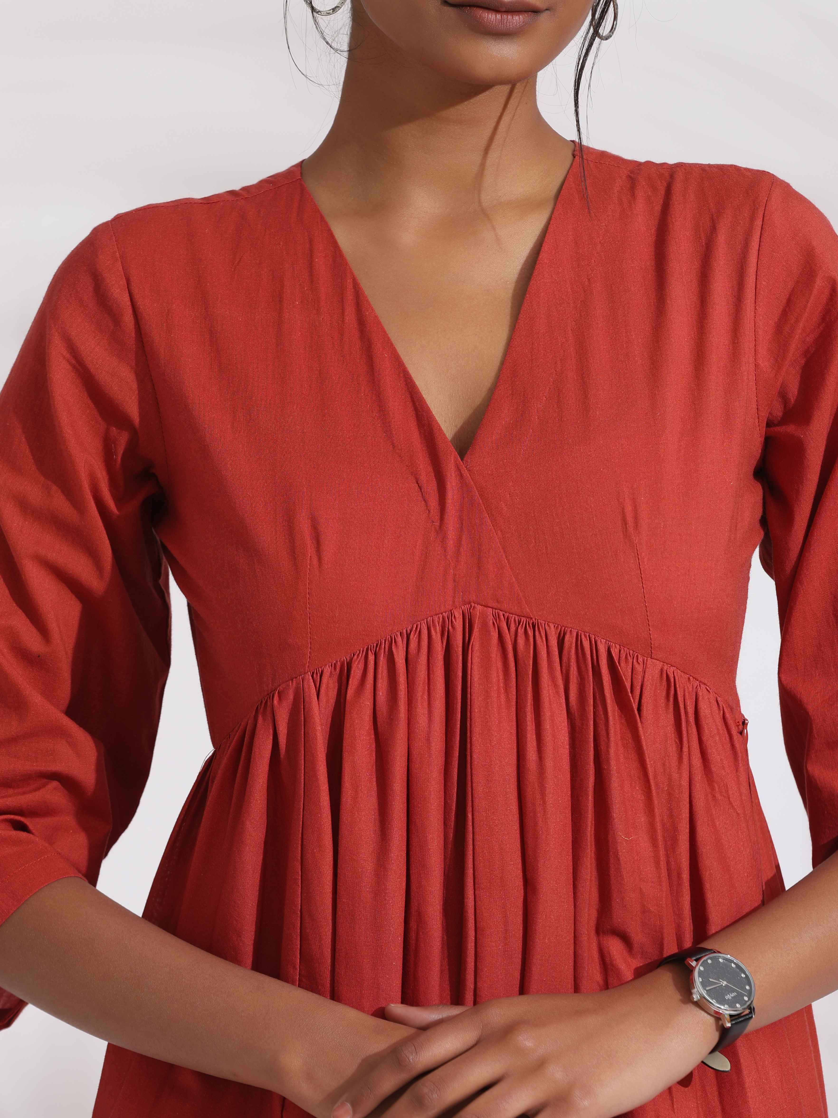 trueBrowns Red Cotton Print Flared Kurta Set