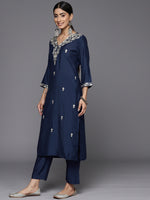 Thumbnail for Varanga Women Navy Blue Placement Design Zari Embroidered Kurta Paired With Tonal Bottom And Tonal Chiffon Dupatta