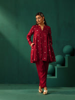 Thumbnail for trueBrowns Maroon Diamond Viscose Silk Relaxed Co-ord Set - Distacart