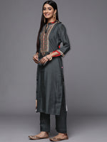 Thumbnail for Varanga Grey Embroidered Kurta Paired With Tonal Bottom And Contrast Dupatta - Distacart