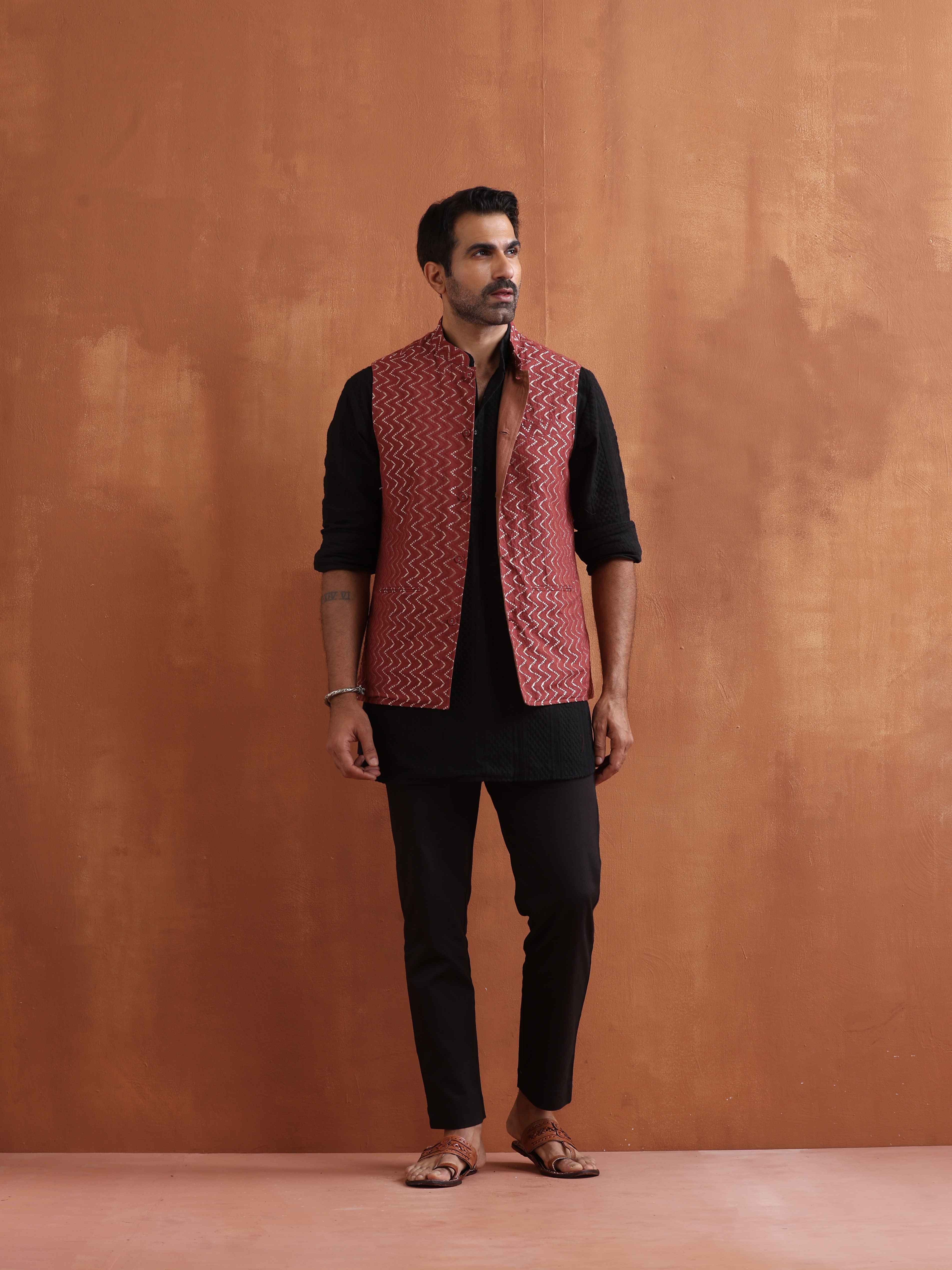 trueBrowns Men's Rust Cotton Dobby Nehru Jacket