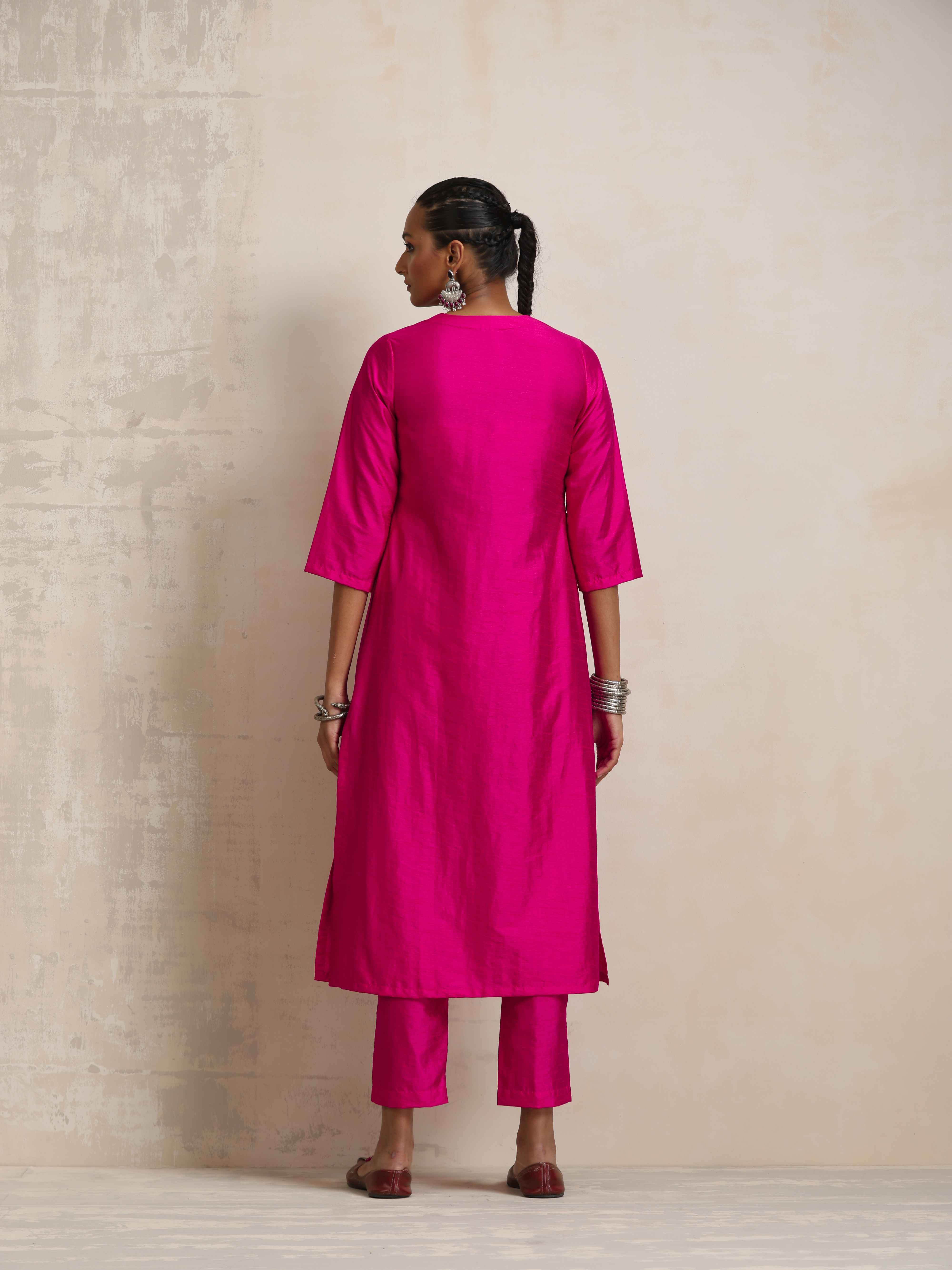 trueBrowns Pink Silk High Slit Kurta Set - Distacart